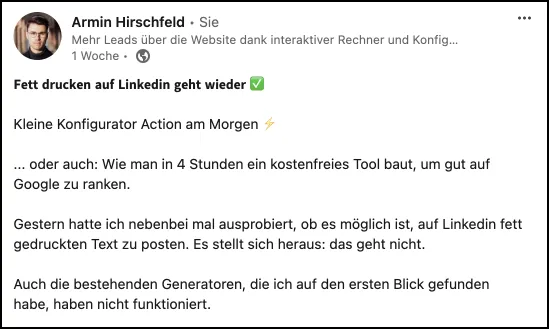 Beispiel eines LinkedIn-Posts mit fett gedruckter Überschrift.